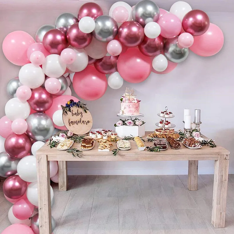 

SURSURPIRSE Pink Silver White Balloon Garland Arch Kit Background Set for Women Wedding Birthday Valentine's Day Party Supplies