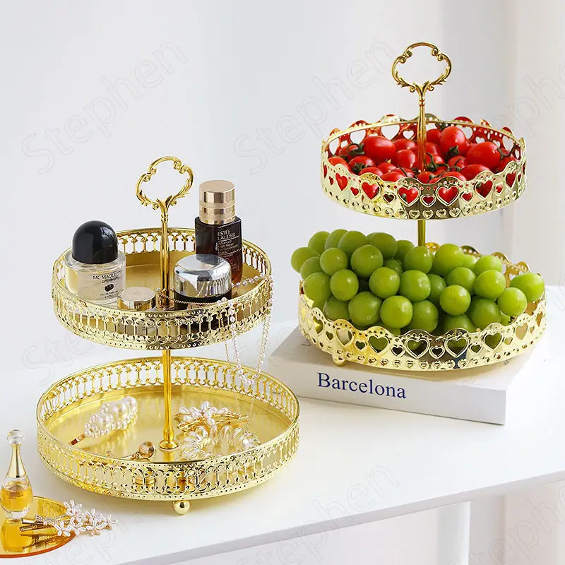 Golden Hollow Double Layer Cake Stand Nordic Light Luxury Fruit Snacks Tray Wedding Decoration Gilded Metal Trays Decorative | Дом и сад