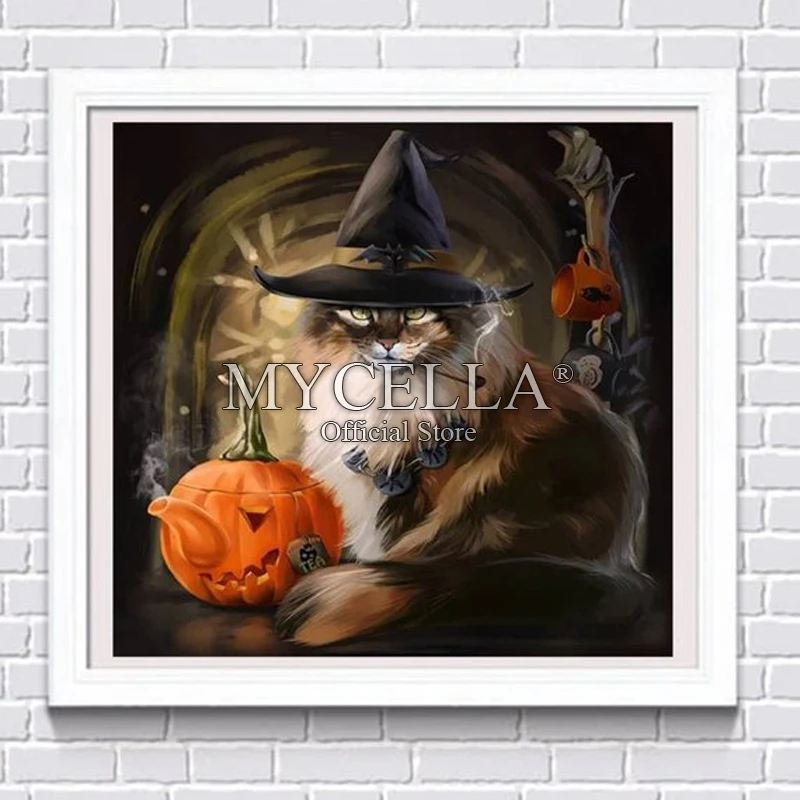 

5D DIY Diamond Painting Kit Halloween Witch Cat Diamond Embroidery Cross Stitch Full Rhinestone Mosaic Halloween Cat Wall Deco