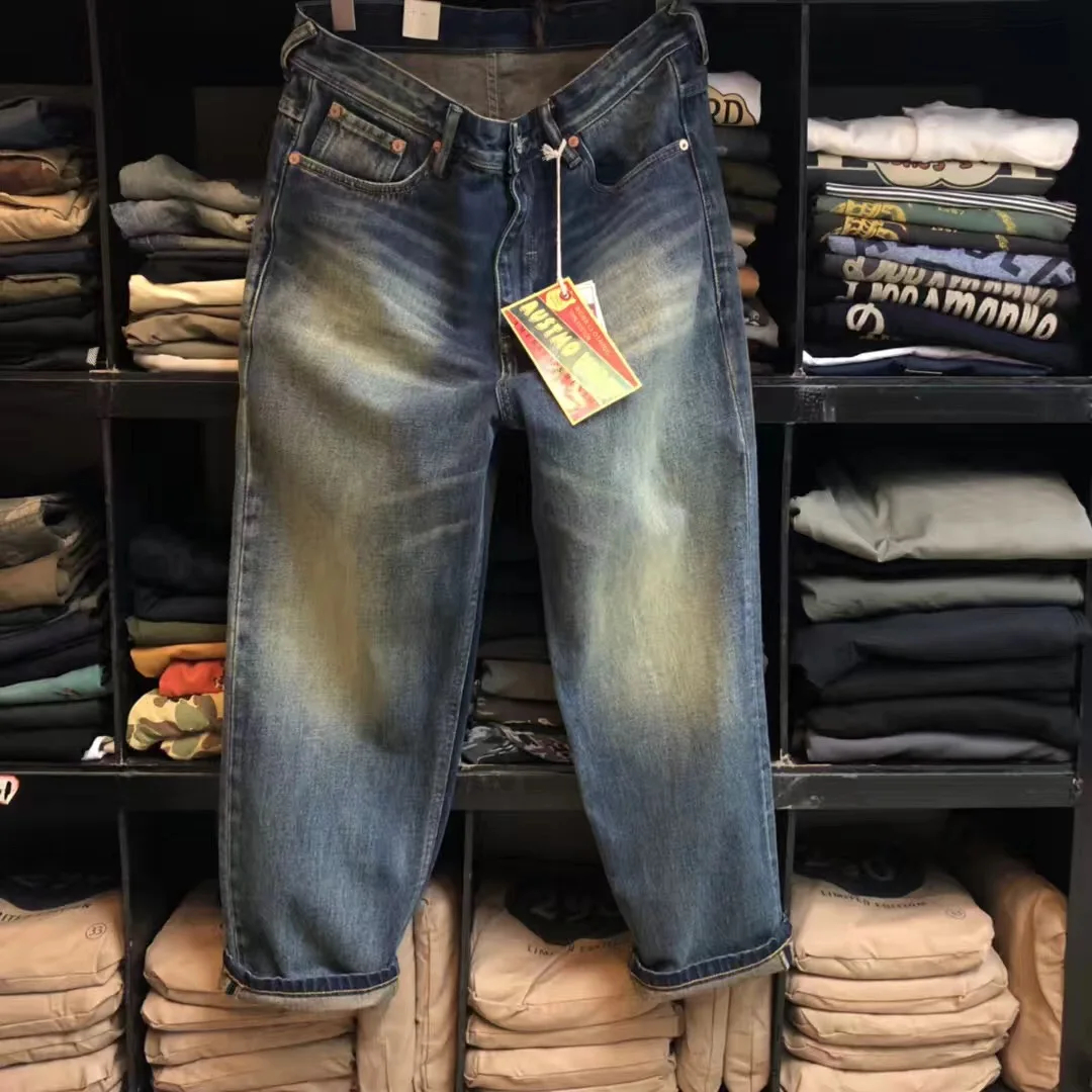 American-style washed old straight elastic heavy denim jeans men's Amikaji slim straight pants tide