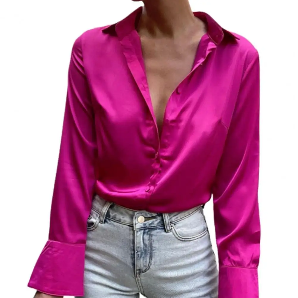 

Fashion Women Shirt Blouses Turn-Down Collar Long Sleeve Loose Smooth Satin Solid Color Office Shirt Ladies Clothing 2022