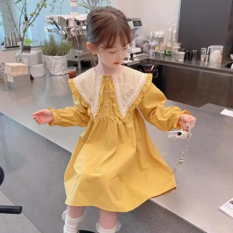Girls Cotton Dress 2023 Spring New Children's Baby Ruffle Edge Doll Neck Princess Dress Youth Korean Long Sleeve Dress