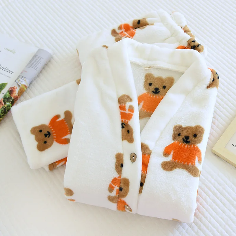 Homewear Suit Flannel Couple Pajamas Set Men Women Autumn Winter Home Comfort Cartoon Bear Warm Loungewear Clothing Sleeping Pjs