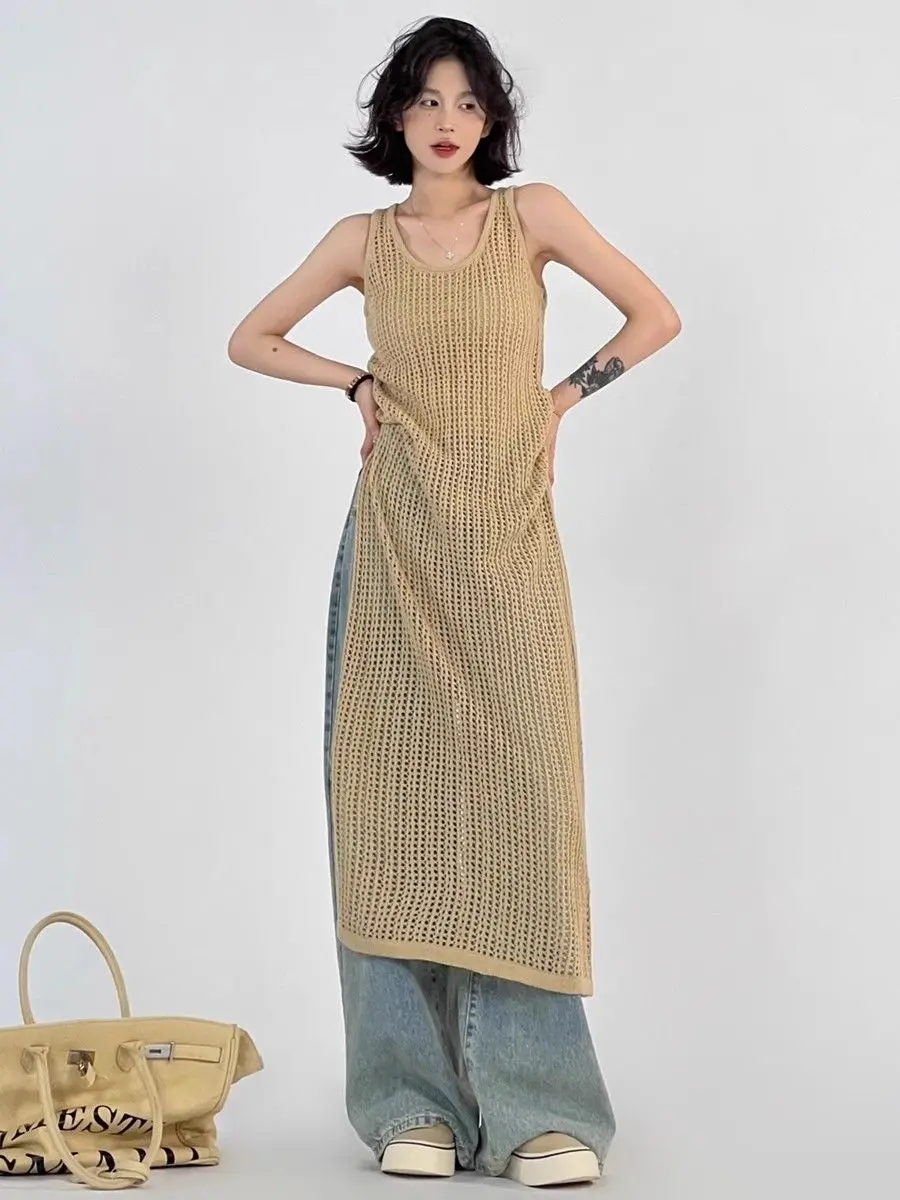 

Hollow Knit Sundress Women's Summer Thin Dress Fold Wear Smock Slit Midlength Skirt
