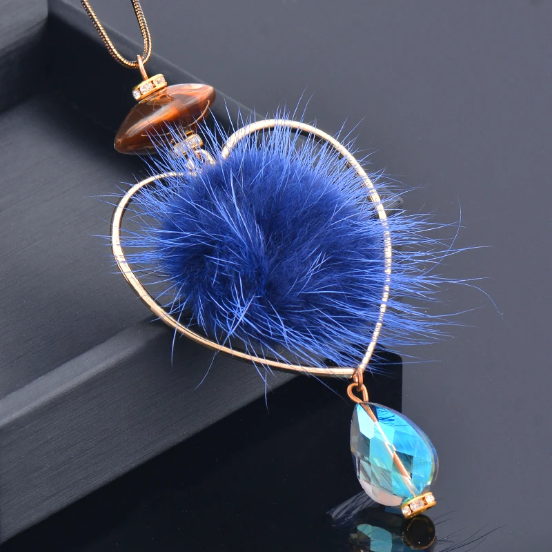 

KIOOZOL lovely heart pendant necklace with pink blue grey mink hair long snake chain women fashion jewelry 2022 363 KO1