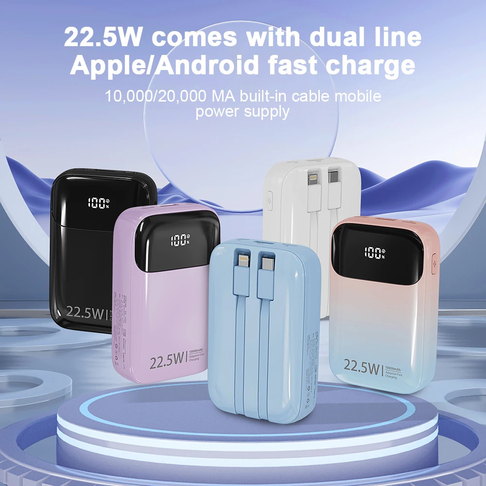 

Mini Power Supply With Dual Wire 10000/20000mAh Digital Display Fast Charge Small Portable Charging Bank 22.5W Super Fast Charge