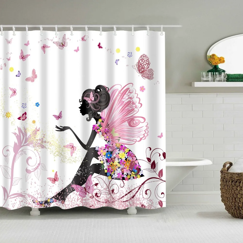 

Занавеска для душа с розовыми цветами и бабочками, занавеска из водонепроницаемого полиэстера для ванной комнаты, декоративная душевая зан...