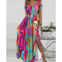 fashion summer women beach wear ruched short sleeve daily vacation long dress abstract print cold shoulder high slit maxi dress