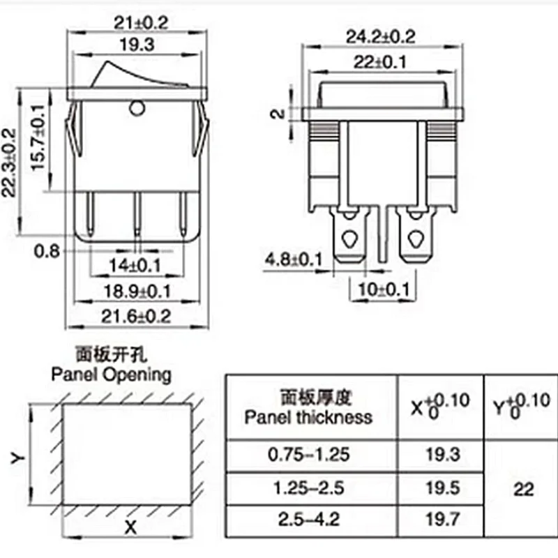 KCD5 21*24 мм клавишный переключатель 4-контактный 2-позиционный 6 А 250 В 10 переменного