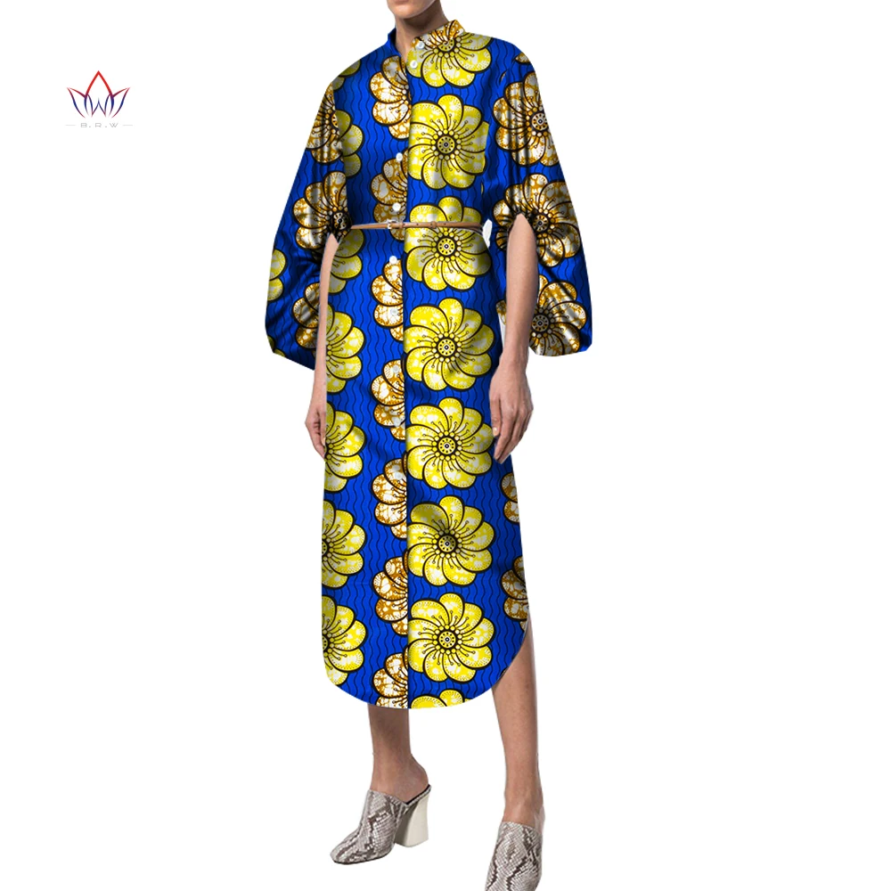 

Bintarealwax Fashion Shirt Dress Dashiki African Long Dress for Women Bazin Riche Lantern Sleeve Party Dress for Femme WY2962