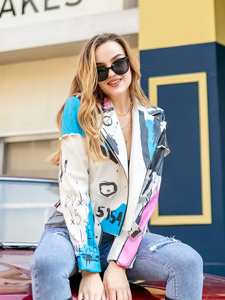 Punk Cropped Faux Leather Women Jacket 2023 Trend Fashion Streetwear Graffiti Printed Motorcycle Leather Jacket Ladies Outerwear