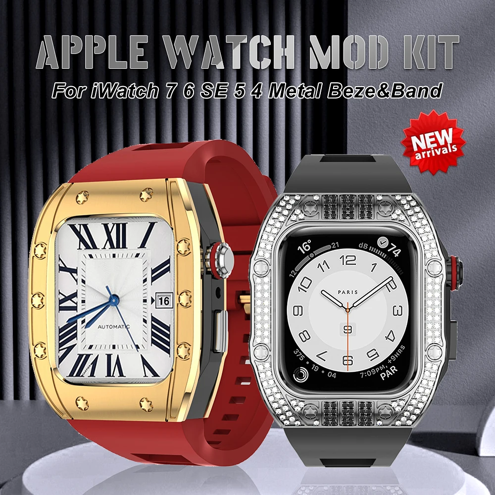 

Luxury Diamond Case Watch Modification Kit For iWatch 7 6 Se 5 4 Rubber Strap 44mm 45mm For Apple Watch Metal Beze WatchBand