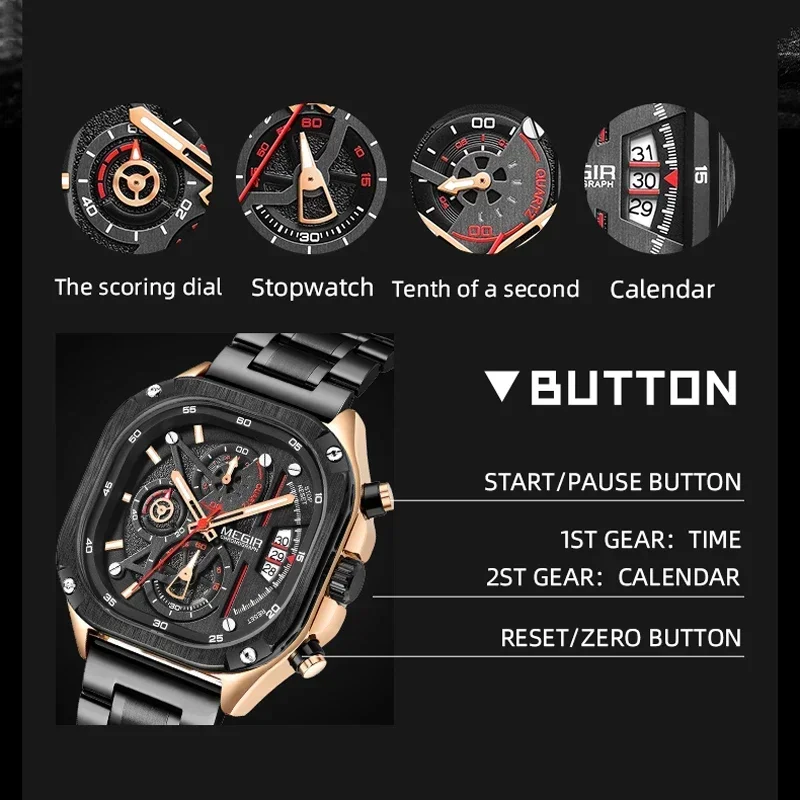MEGIR кварцевые часы с квадратным циферблатом и хронографом для мужчин модные
