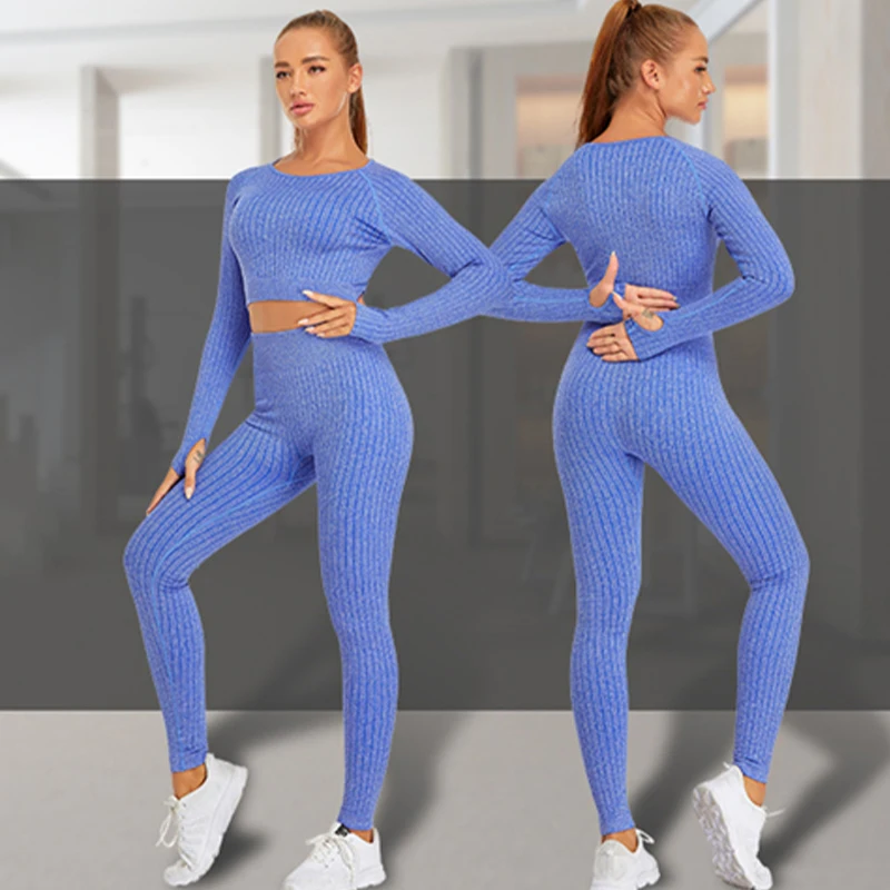 Women Seamless Yoga Set Long Sleeve Workout Outfits Gym Clothes Fitness Crop Tops Hight Waist Leggings Stripe Rompers Sportswear