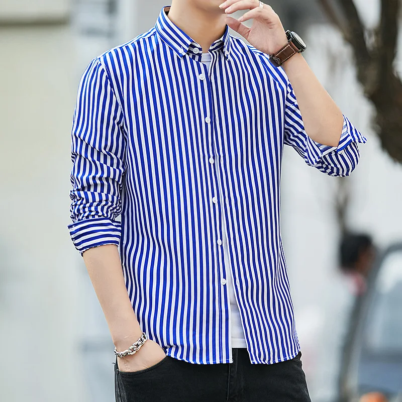

Рубашка мужская с длинным рукавом, полосатая блуза Slim Fit из ледяного шелка, деловой Повседневный тонкий стиль, не требует глажки, весна/лето, 5xL