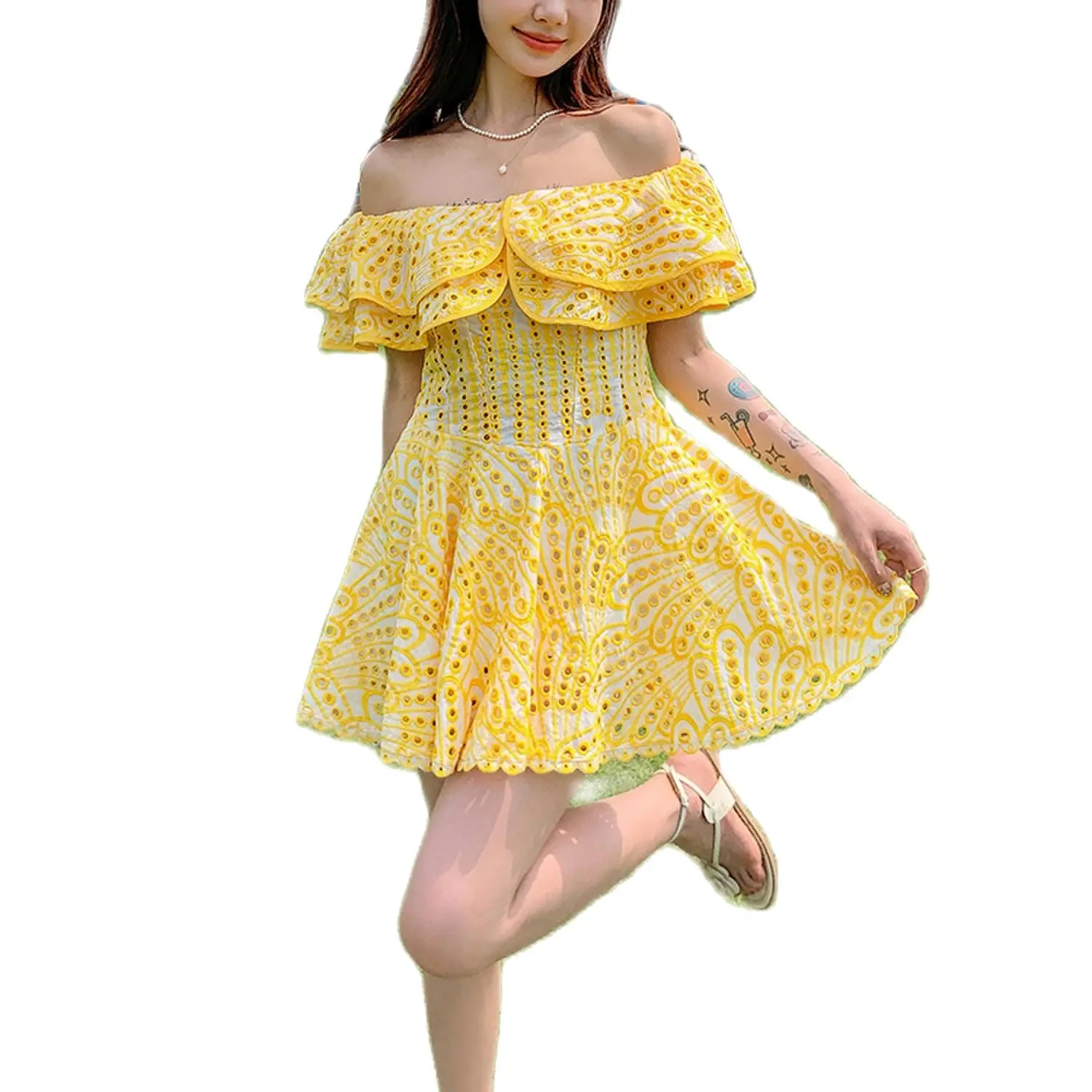 

Hollowed Cotton Dress Women Off Shoulder Mini Length