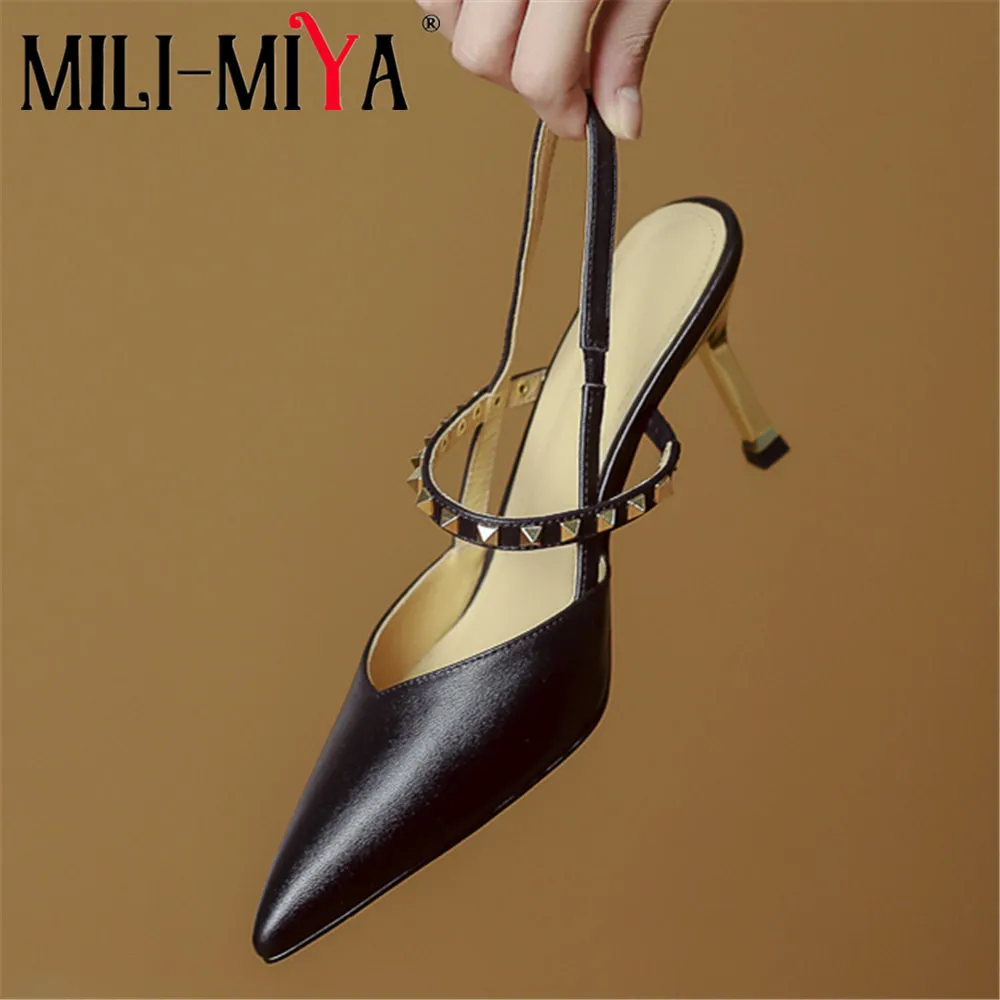 

MILI-MIYA Sexy Pointed Toe Women Cow Leather Pumps Slingback Thin Heels Slip On Fashion Classic Rivet Dress Party Summer Shoes