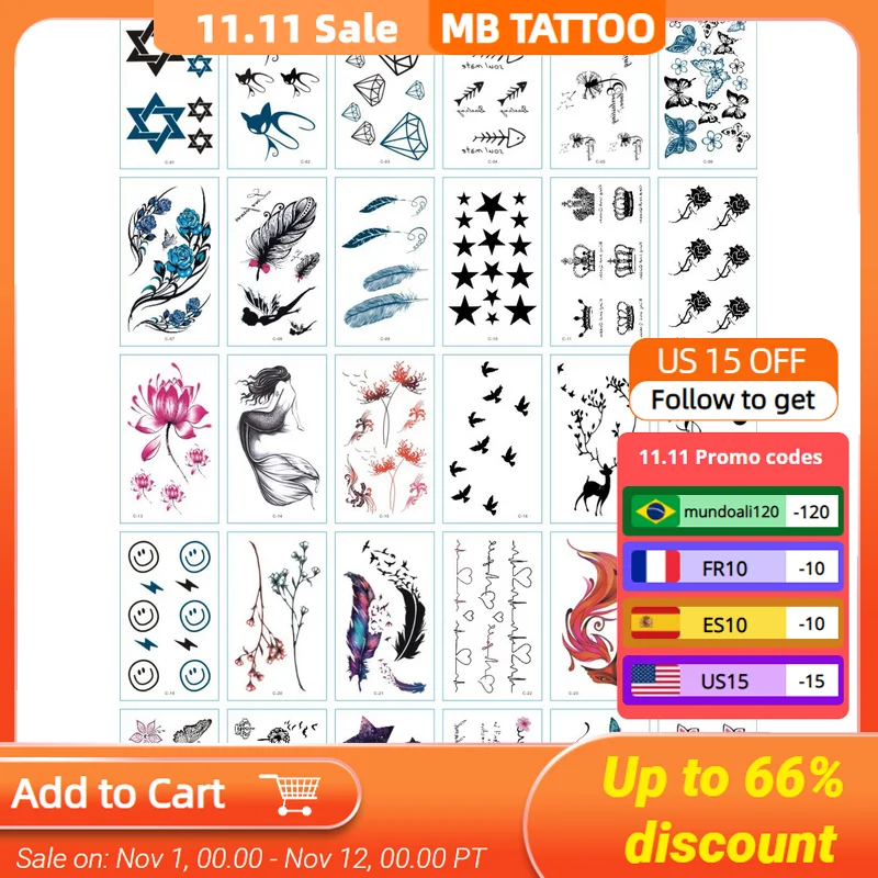 

MB 30pcs Flower Temporary Tattoos for Women Hand Tattoo Sticker Fashion Body Art Waterproof Arm Fake Tatoo Paper