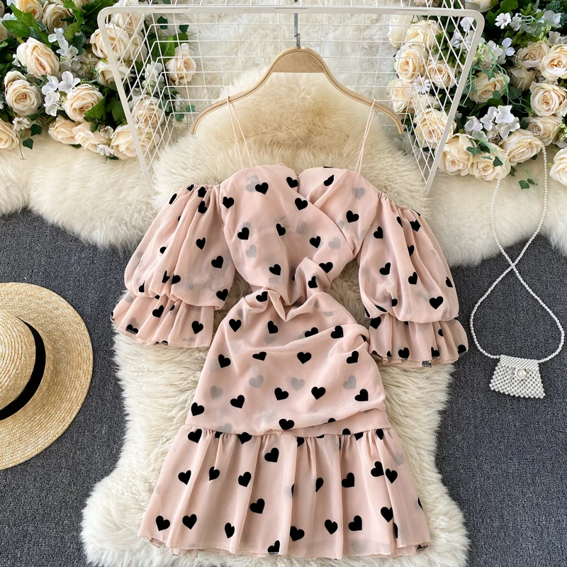 

Celebrity Party Dresses Sexy Off-the-shoulder Puff Sleeves Dresses For Women 2022 Summer Sweet Print Ruffle Sling Dress Woman