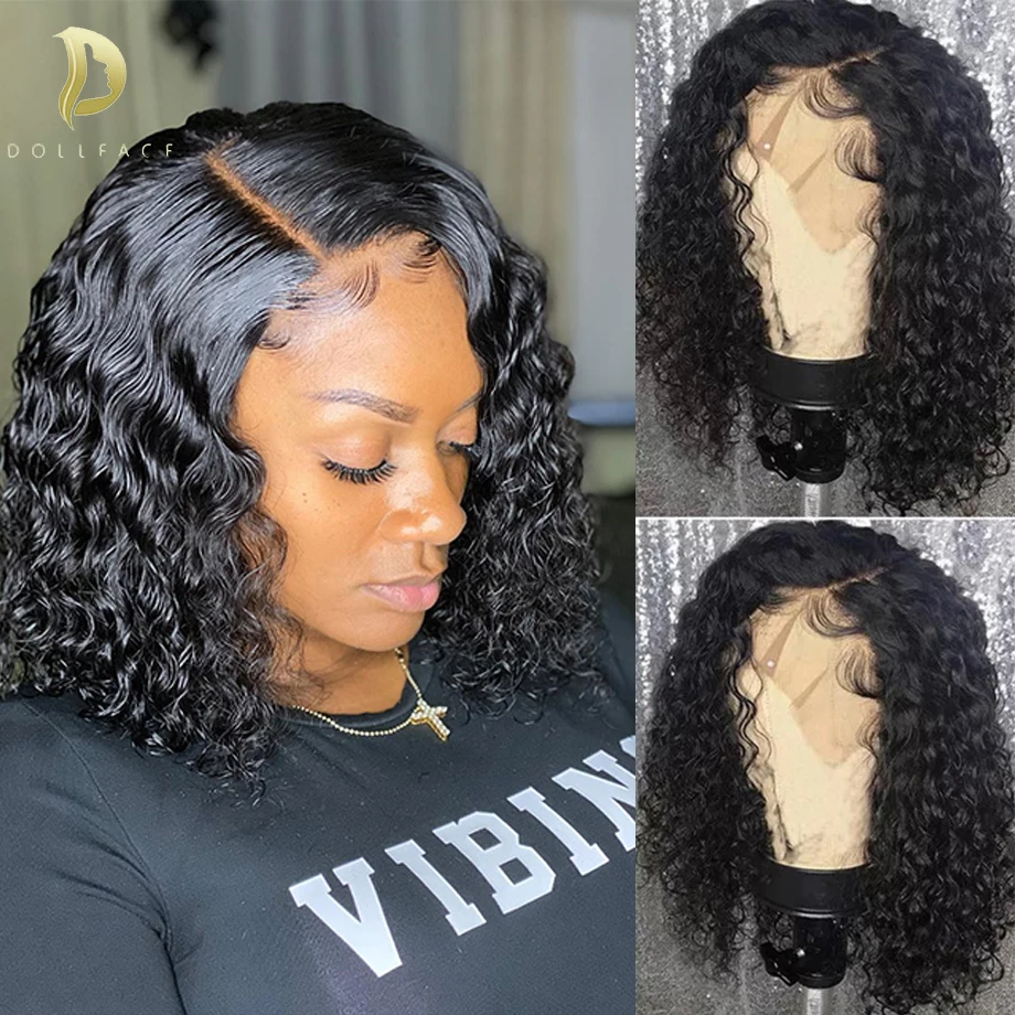 

Short Wigs Human Hair Bob Curly Wig For Women Pre Plucked T Part Transparent Lace Water Deep Wave Frontal 4x4 Closure Bob Wig