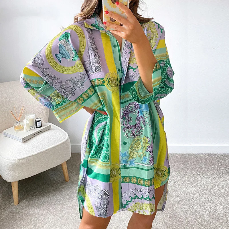Fashion Print Women's Night Dress Long Sleeve Single Breasted Ladies Nightgown Oversize Summer Spring Sleepwear For Female