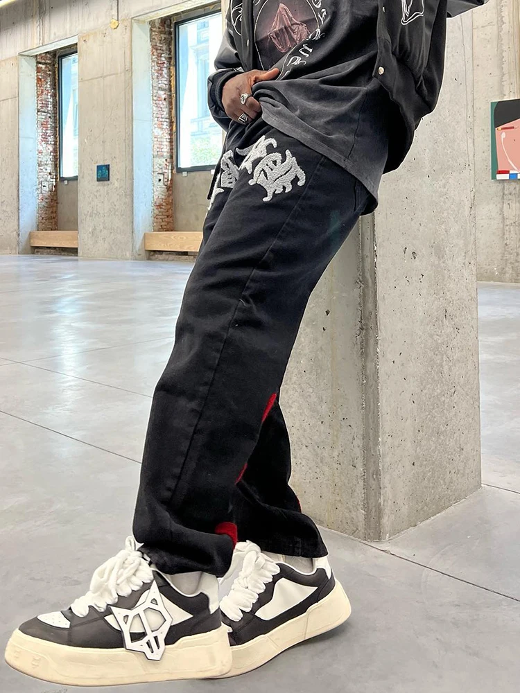 Letter Embroidered Men Straight Jeans High Waist Baggy Denim Trousers High Street Loose Wide Leg Long Pants New Punk Streetwear