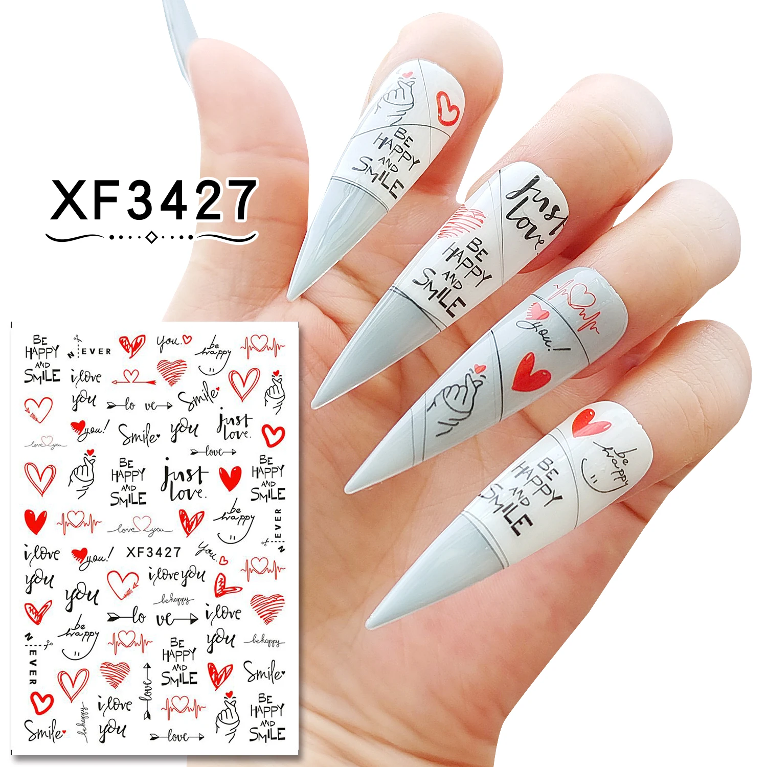 

Personality Love English Letters 3D Nail Stickers Nail Decoration Black and White Flowers Leaves Nail Decals Nail Art Supplies