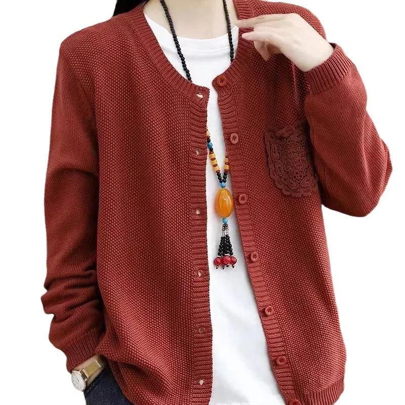 Женский свитер с вышивкой свободный однотонный кардиган круглым вырезом верхняя