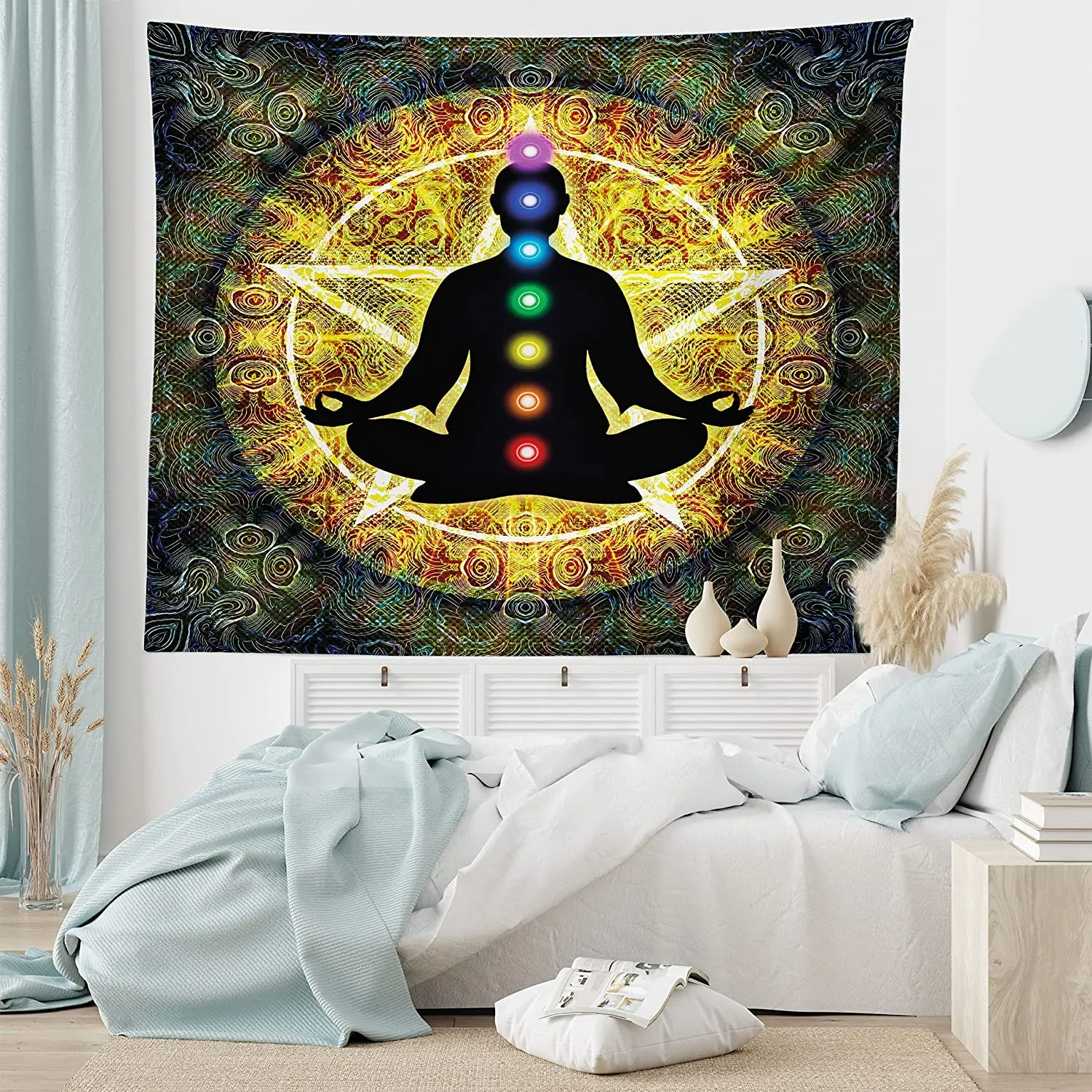 

Colorful Tapestry Silhouette of Meditating Body Vital Energy Point Reflections and Pentagram Wall Hanging for Bedroom