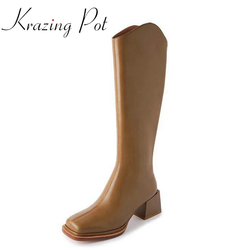 

Krazing Pot Cow Split Leather Square Toe Med Heels Riding Long Boots Stovepipe Basic Mature Wear Sexy Zipper Thigh High Boots