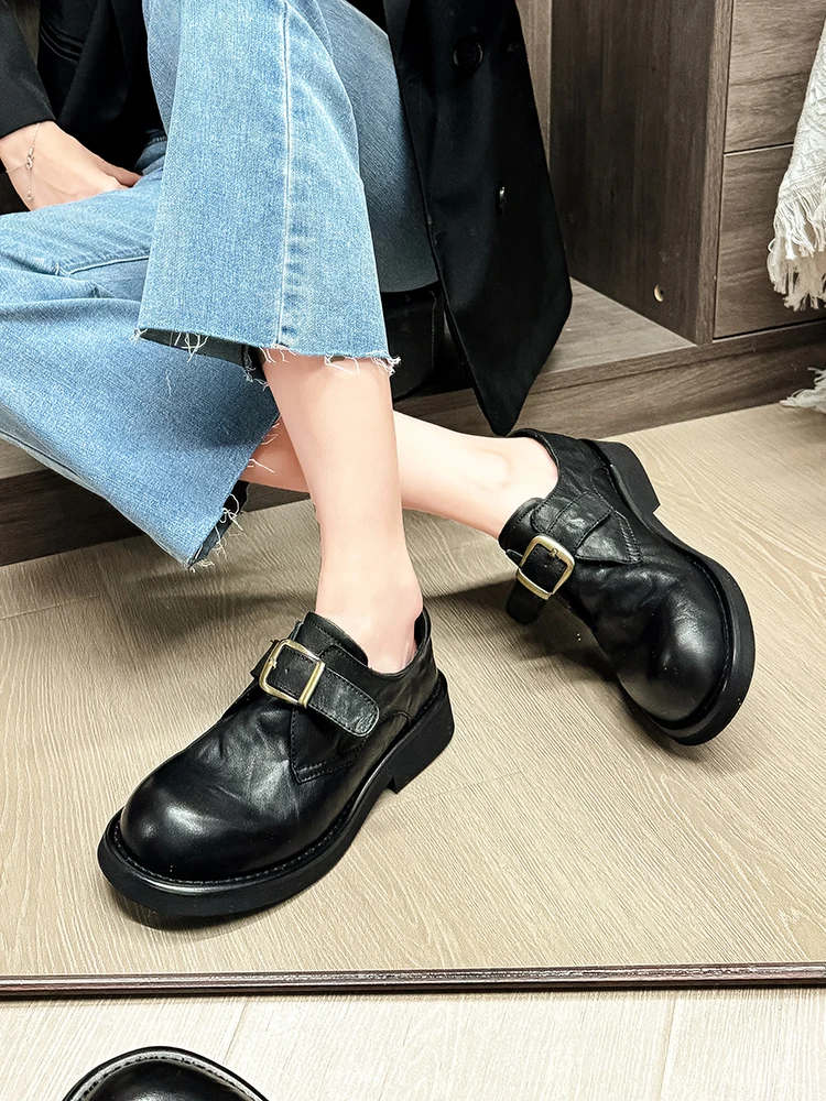 ...⭐Natural Leather Retro British Sle Thick Bottom Small Shoes Women New Spring Belt Buckle Single-Layer Flat...