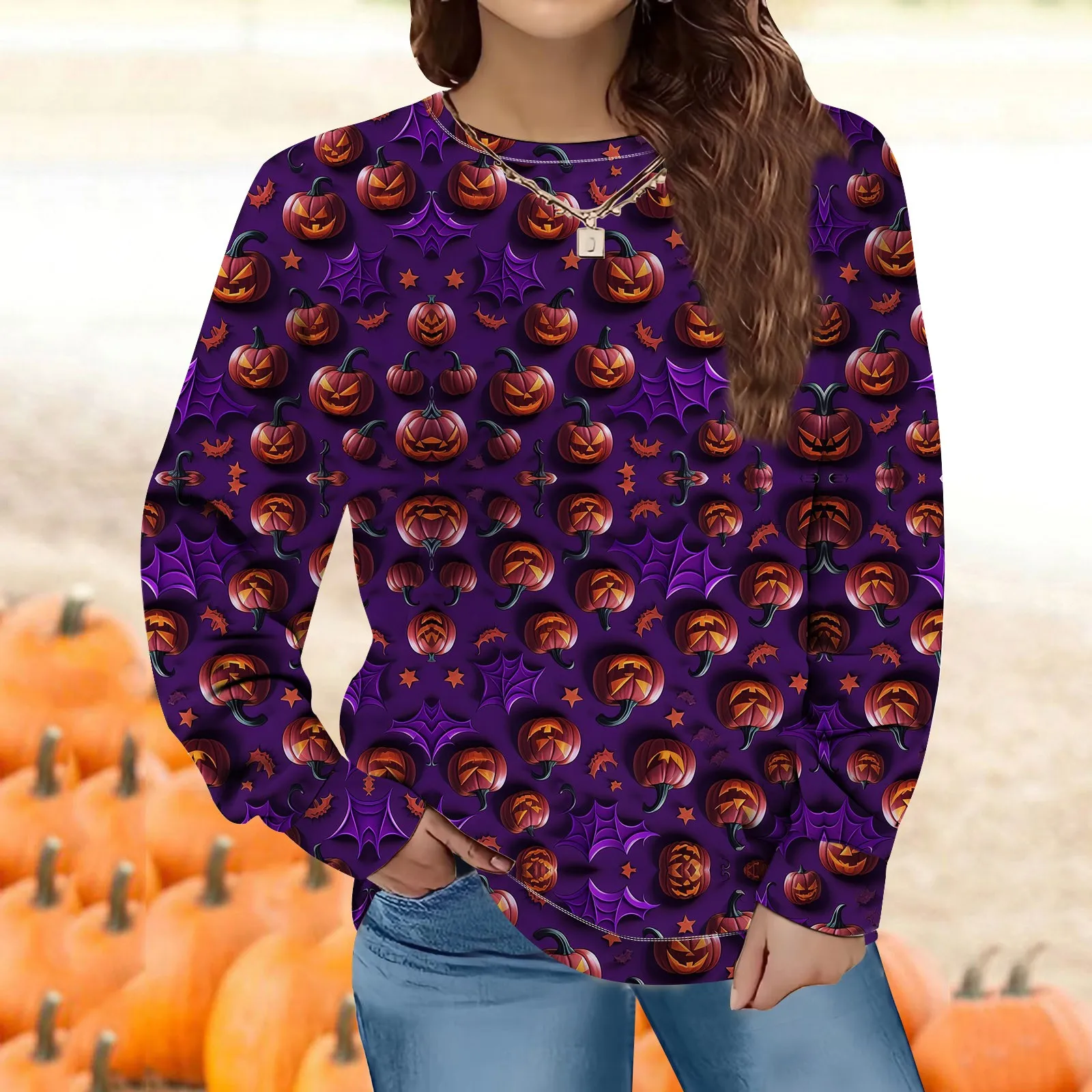 

Женская Повседневная Толстовка с длинным рукавом и принтом тыквы на осень/зиму