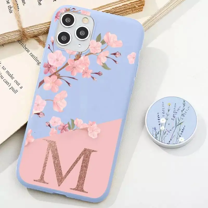 

Letter Pink Flowers Phone Case for iPhone 11 12 13 Mini Pro Xs Max 8 7 6 6S Plus X XR Solid Candy Color Case