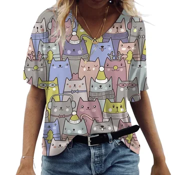 2023 Summer Ladies T-Shirts Short Sleeve Tops Cat Graphic O-Neck Oversized Clothing Casual Y2k Streetwear New Women's Shirt Tees 3