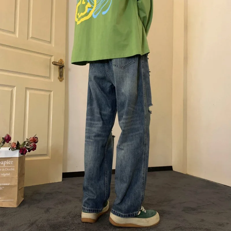 Summer Blue Ripped Jeans Men Fashion Casual Baggy Straight Jeans Men Streetwear Hip Hop Loose Hole Denim Pants Mens Trousers