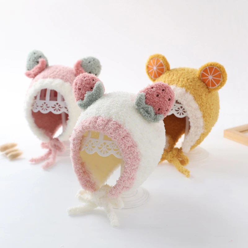 

Мягкая теплая зимняя плюшевая детская Шапка-бини, милая мультяшная шапка с фруктами для новорожденных, Детская уличная шапка с ушками