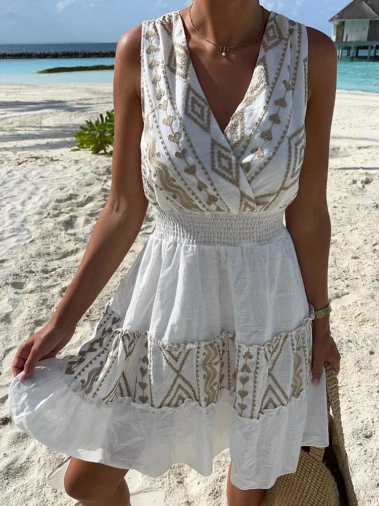 

New Elegant Lace Mesh Patchwork Mini Dress Women Sexy Double V Neck Party Dress Summer Casual Sleeveless Slim Waist Ruffle Dress