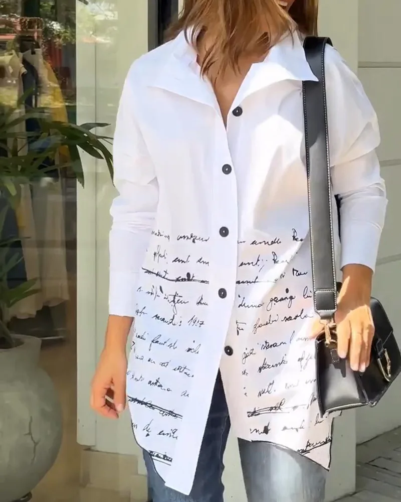 

Letter Print Buttoned Asymmetrical Hem Shirt Women Long Sleeve Casual Shirst Spring Summer Polo Neck