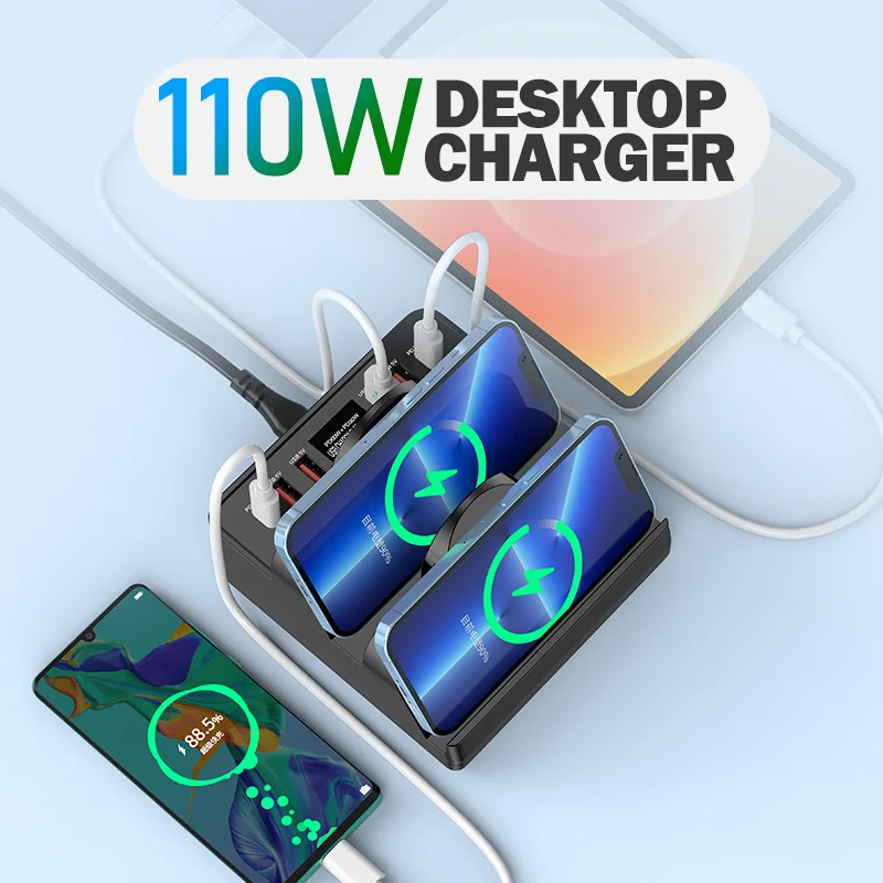 

110W 8 Ports USB Charger Adapter Dual Wireless Charger Fast Charging Station QC3.0 PD USB C Quick Charge For All Phones Tablet