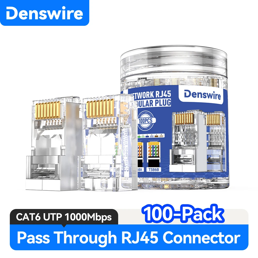Фото Комплект из 100 проходных разъемов Denswire RJ45 Cat6, обжимные модульные вилки UTP, 3 зубца для твердого и многожильного кабеля, конструкция 8P8C №1