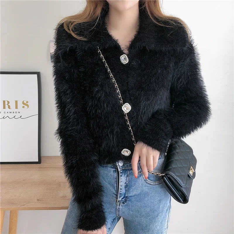 Women Fluffy Soft Sweater New Autumn Winter Vintage Short Cardigan Coat Ladies Korean Single Breasted Turn Down Collar Knitted