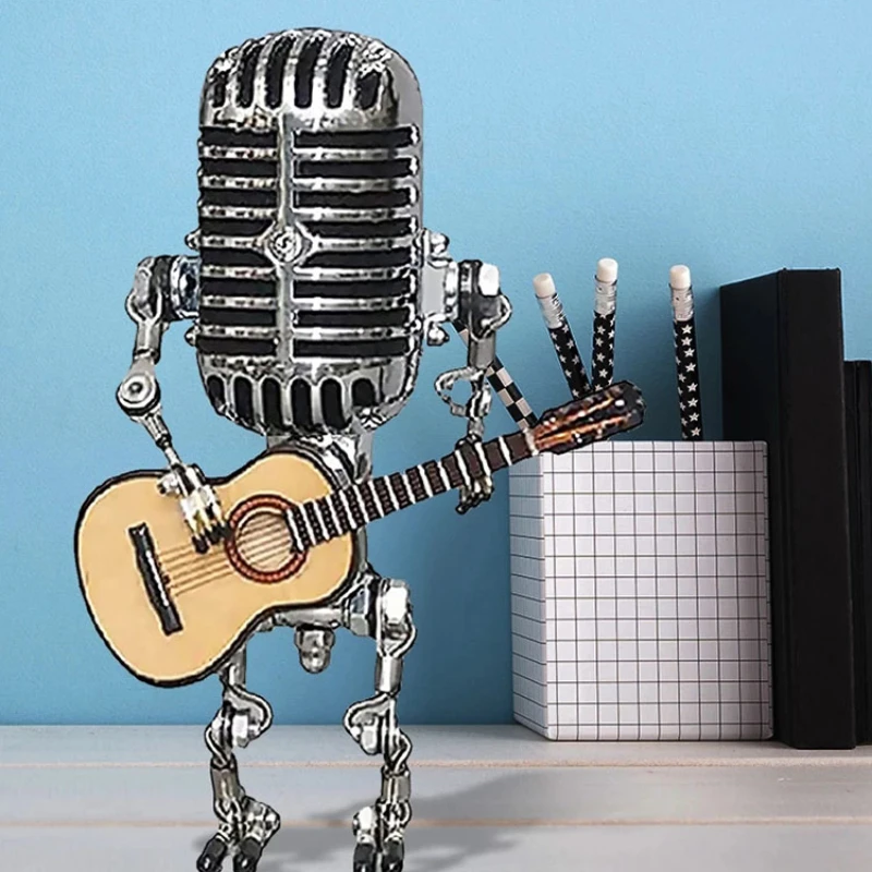 

Desk Lamp Handmade Retro Metal Microphone Guitar Robot Desk Lamp Desktop Decoration Supplies Home Creative LED Night Light