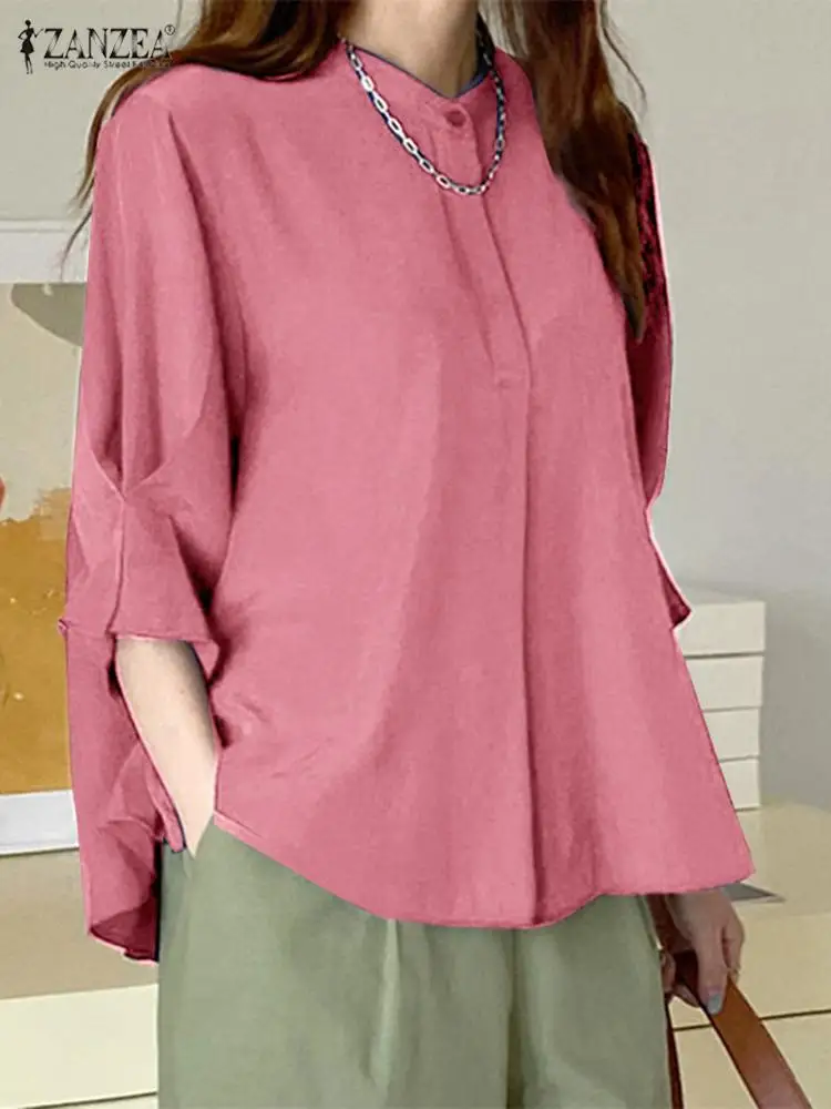 

2023 Autumn O Neck Buttons Tunics ZANZEA Fashion Women Solid Blouse Casual Loose 3/4 Sleeve Tops Leisure All-match Retro Shirts