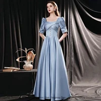 blue simple evening dresses satin draped shirred open back floor length party sequined glitter women dress vestidos de fies