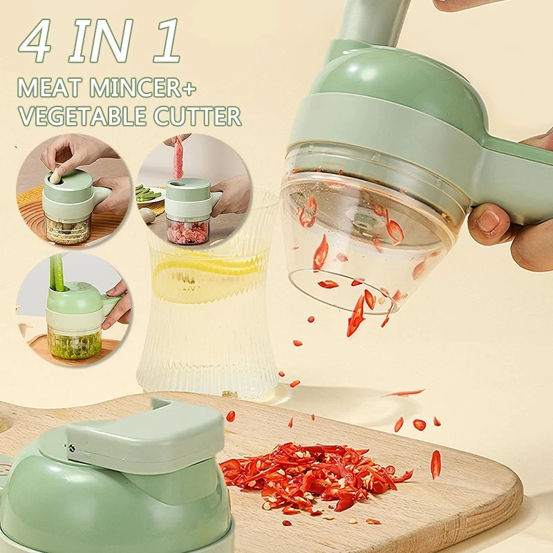 

4 In 1 Electric Garlic Cutter Handheld Vegetable Cutter Chili Crusher USB Charging Food Slice Ginger Masher Machine Kitchen Tool