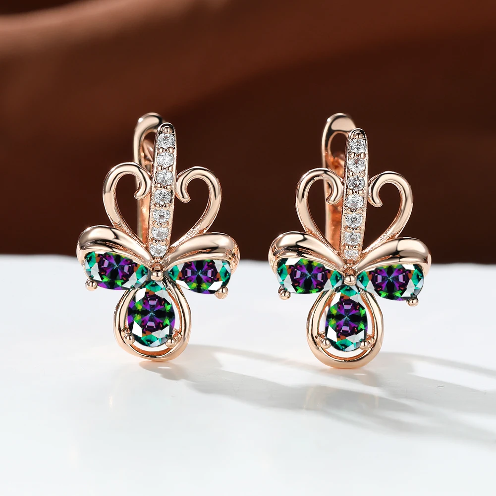 

Fancy Rose Gold Color Crystal Rainbow Flower Hoop Earrings for Women Delicate Cute Dangling Earrings Banquet Luxury Jewelry