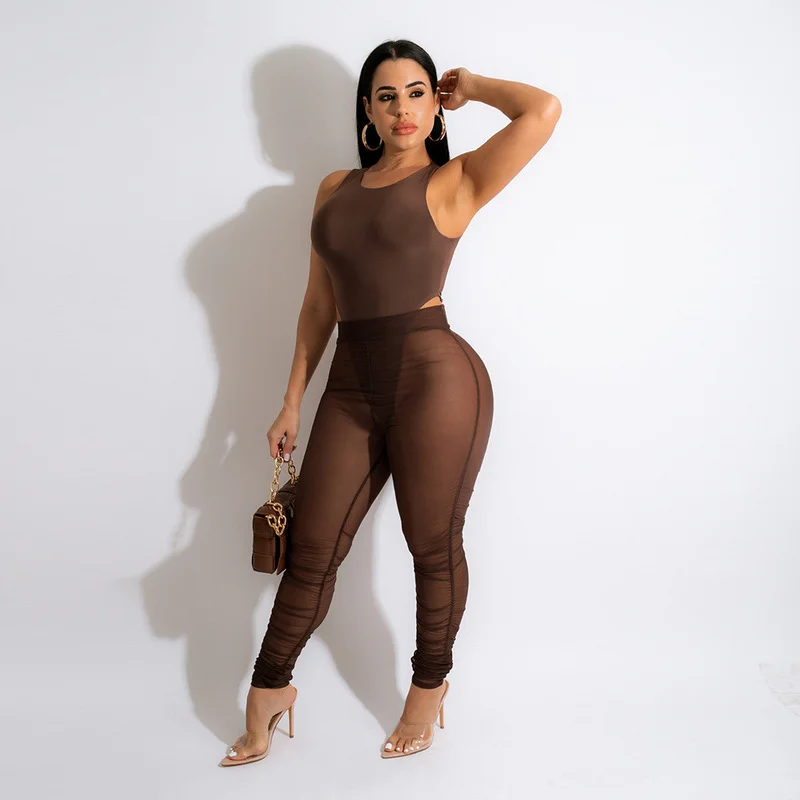 

WUHE Sexy Beach Two Piece Set Sleeveless Bodysuit Mesh See Though Ruched Pants Sweatsuit Tracksuit Set Woman Fitness Outfits