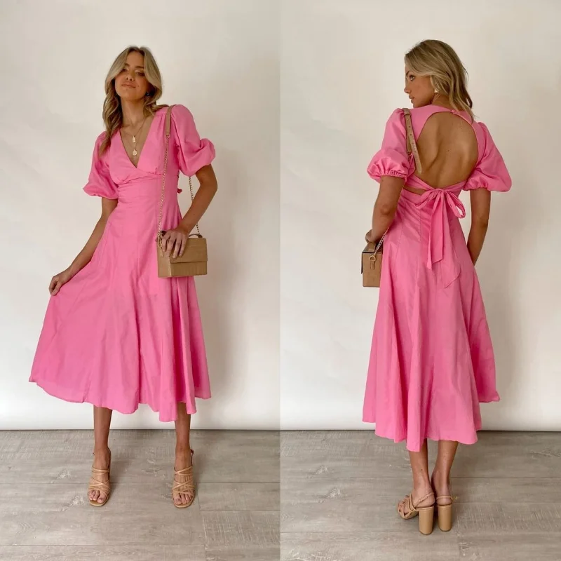 

Casual Short Puff Sleeve V Neck High Waist Backless Bohemian Vacation Dress Outfits Women Elegant Fashion Corset Loose Dress