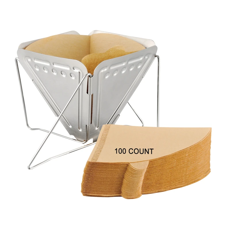 

Amazon Portable Folding Dripper Foldable Stainless Steel Pour Over Coffee Stand Filter with 100pc Paper Filter Office or Camping