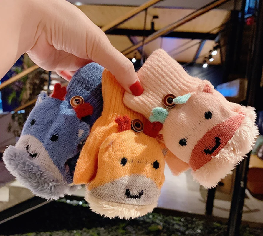 

Childrens Winter Half-finger Gloves Cute Cartoon Thickened Plus Velvet Warmth Student Clamshell Knitted Gloves